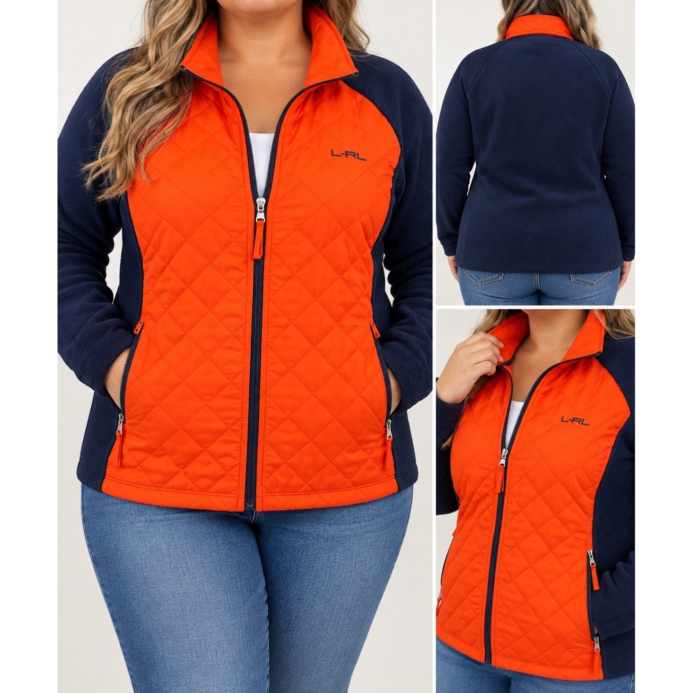 L-RL Lauren Active Ralph Lauren Quilted Fleece Hybrid Jacket Orange Navy Blue 2X